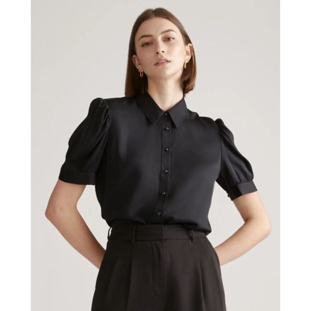 Quince Women's Washable Stretch Silk Puff Sleeve Blouse Black S